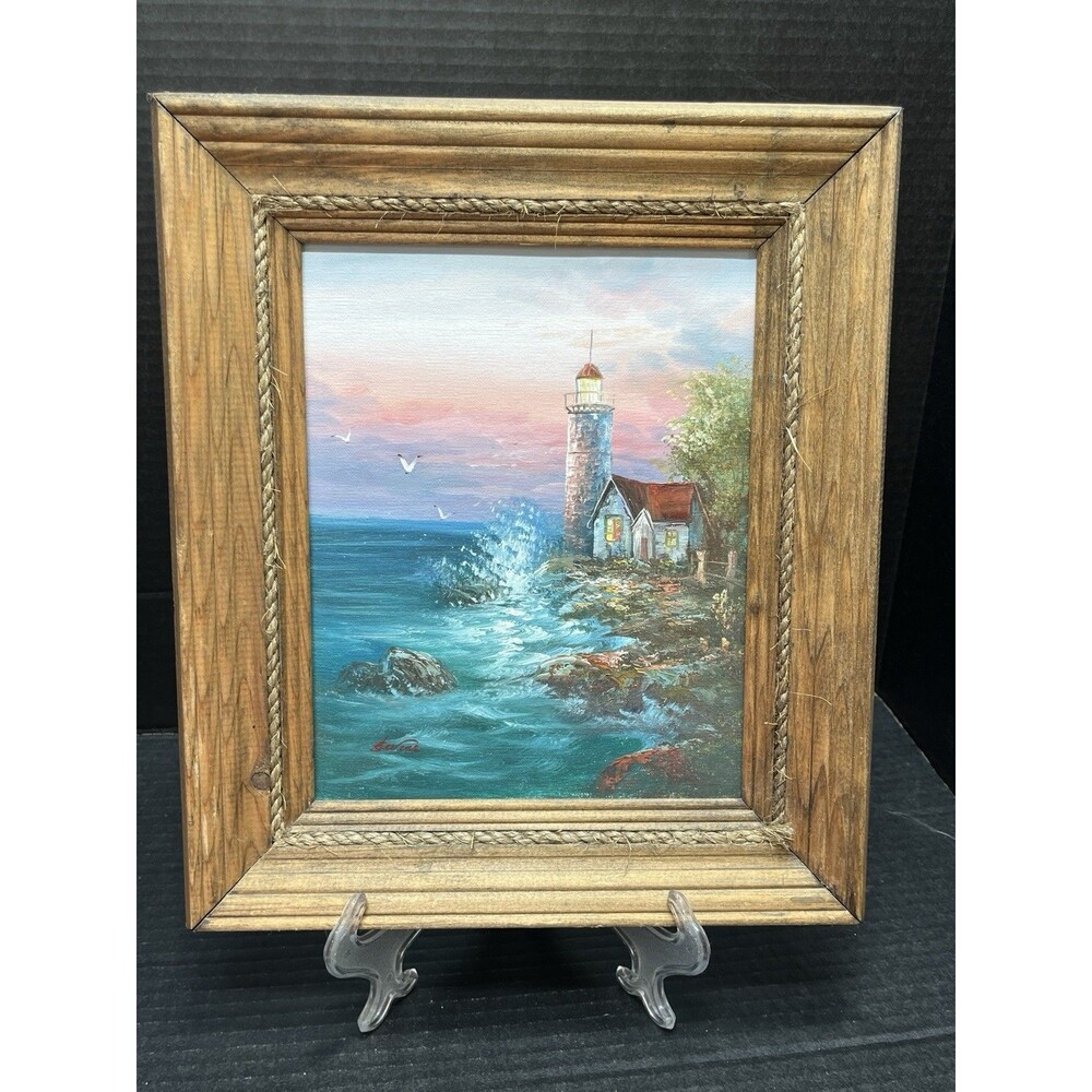 Vintage Signed Seascape Lighthouse Oil Painting Framed Coastal Ocean Waves 9x11"